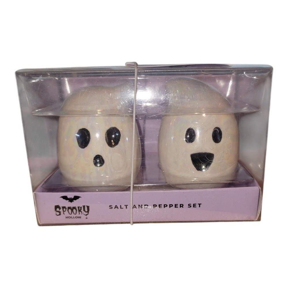 Spooky Hollow Iridescent Ghost Salt and Pepper Shaker Set Halloween Decor New